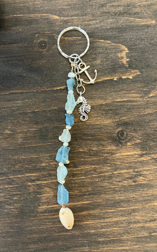 Beach inspired keychain with anchor and seahorse charm
